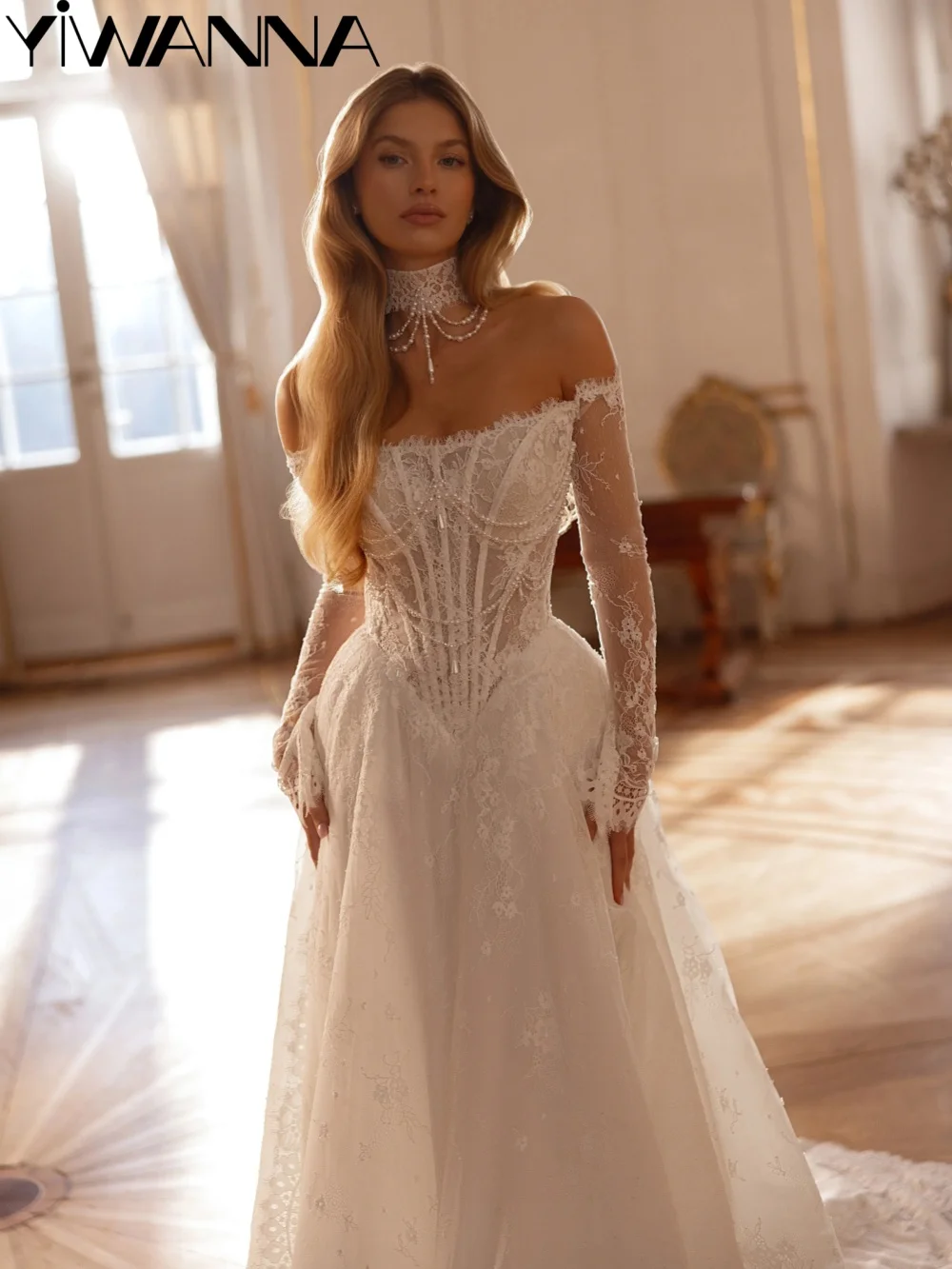 

Ivory Shinny Pearls Long Wedding Dress Romantic Off Shoulder Bridal Gown Customized Elegant A-line Dresses For Bride