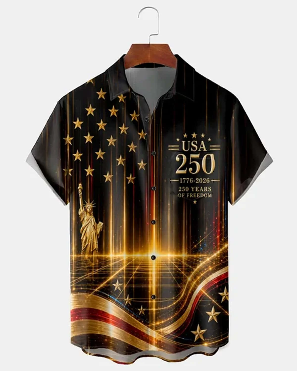 

2026 Summer New Men's Retro Gradient 250th Anniversary Independence Day Printed Short Sleeve Button Hawaiian Shirt Sport T-shirt
