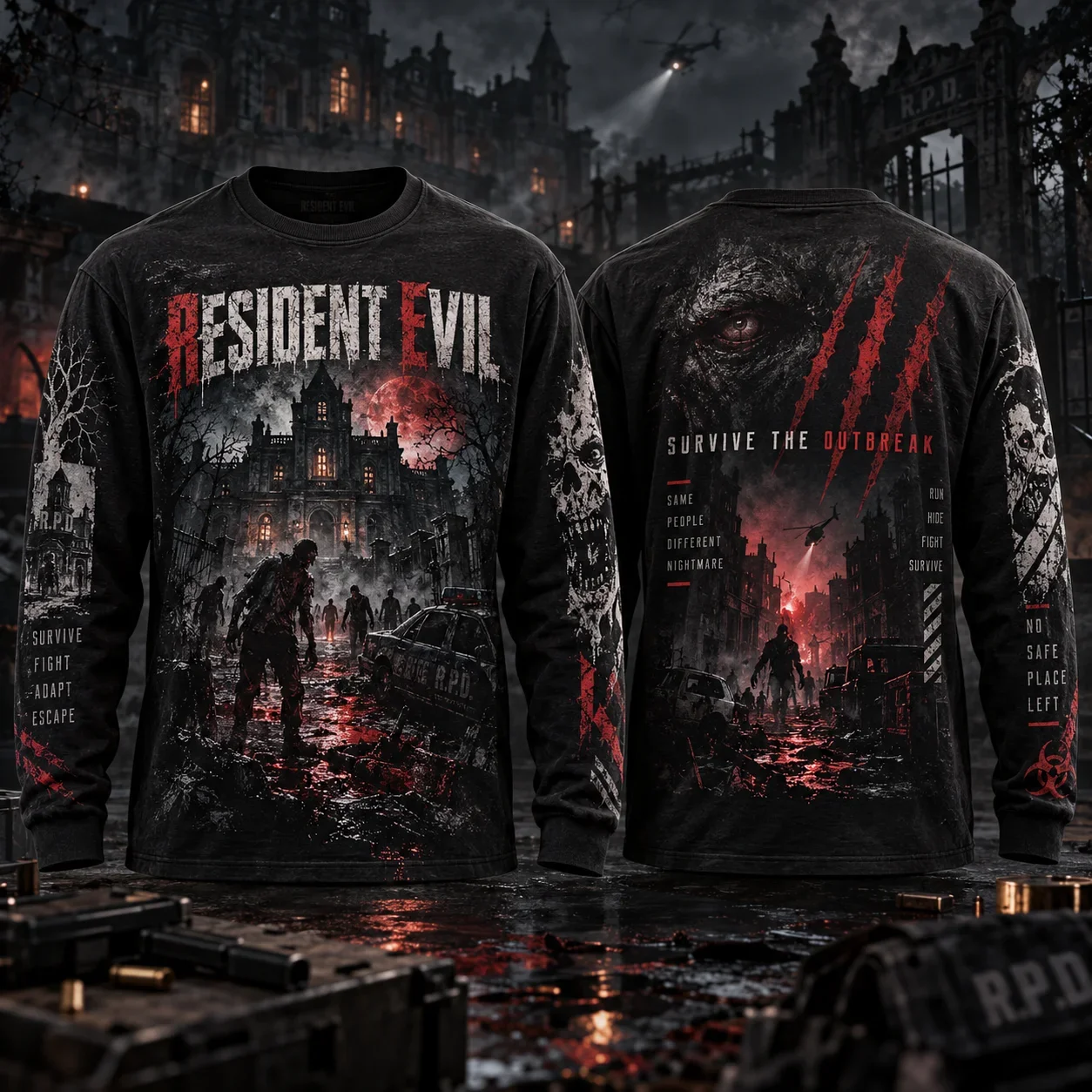 Resident Evil Long Sleeve T Shirt Survive The Outbreak Zombie Horror Game All Over Print Tee Men Women Halloween Streetwear Tops view 2
