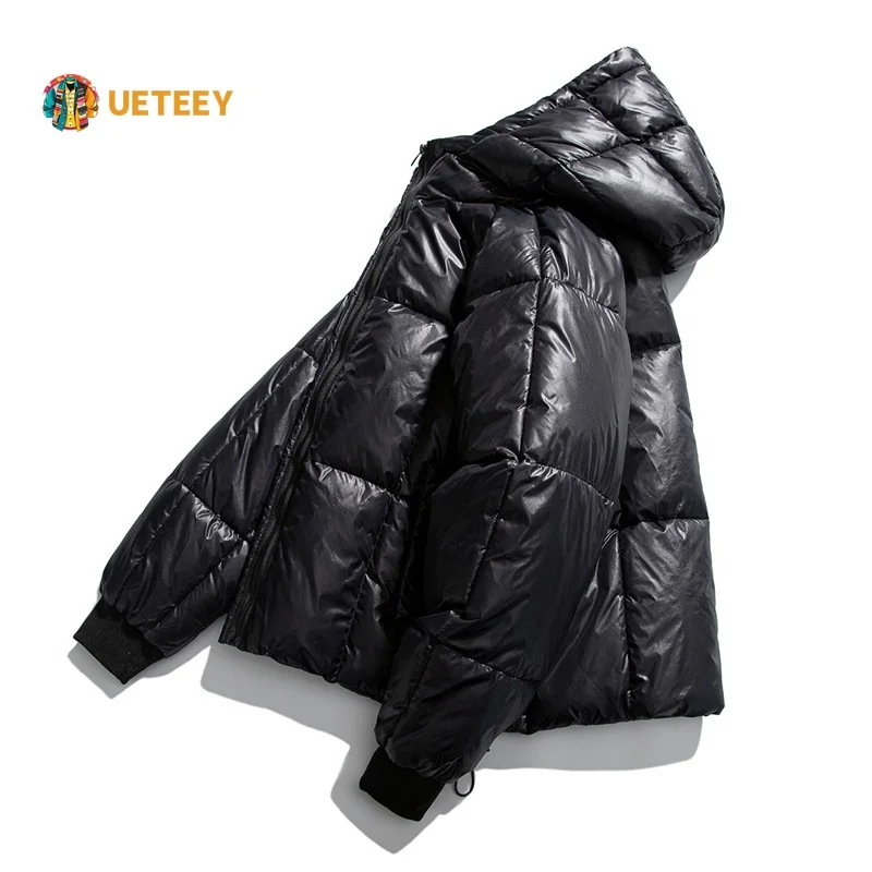 Parkas gruesas y cálidas para hombre, chaquetas acolchadas negras brillantes, abrigos sueltos de Color sólido, ropa de calle a la moda, invierno, 2024