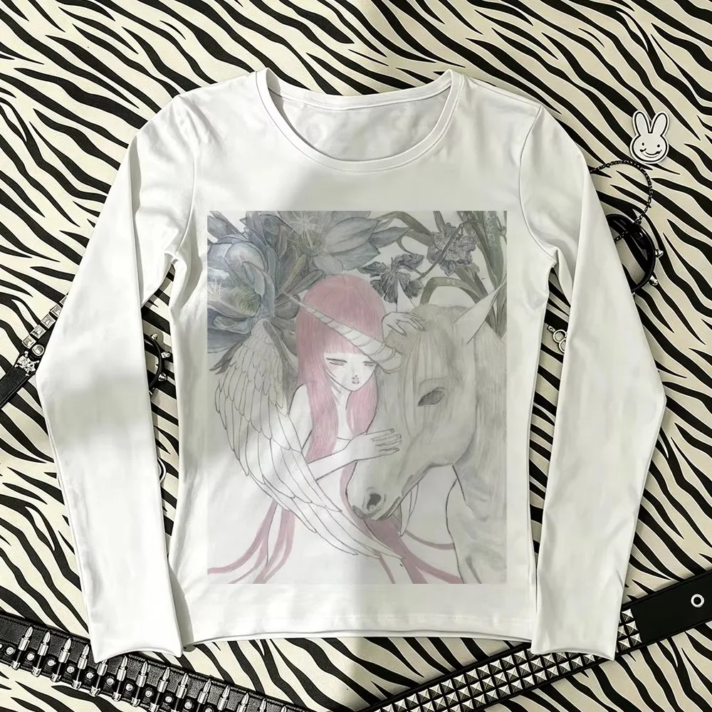 Milk Silk Round Neck Long Sleeved Women's T-shirt Pink Haired Girl Unicorn Hand-painted Print Y2K Fairy Korean Pink Style Top