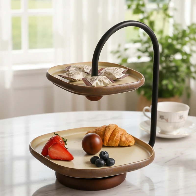 1Pc Double-Layer Square Ceramic Dessert Tray, Wabi-Sabi Retro Style Fruit Snack Plate, with Black Curved Metal Stand and Wooden Base, Dessert Candy Display Stand, Suitable for Coffee Tables, Home Decor, and Party Decorations