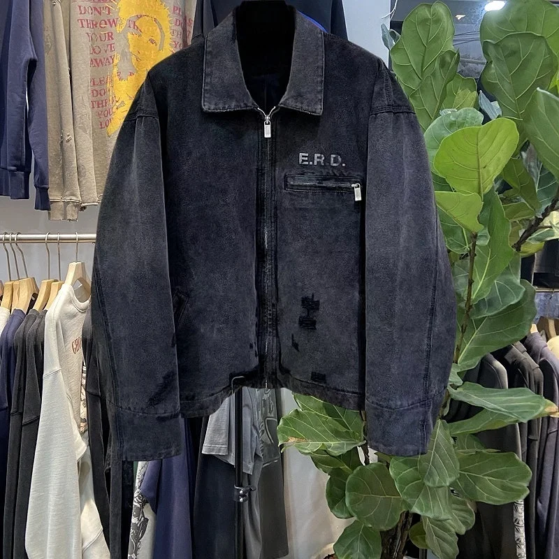 

Retro Waed Distred Denim Jaet Stand Collar Long Sve ort Length Zipper Closure Men's Casual Jaet for Commuting