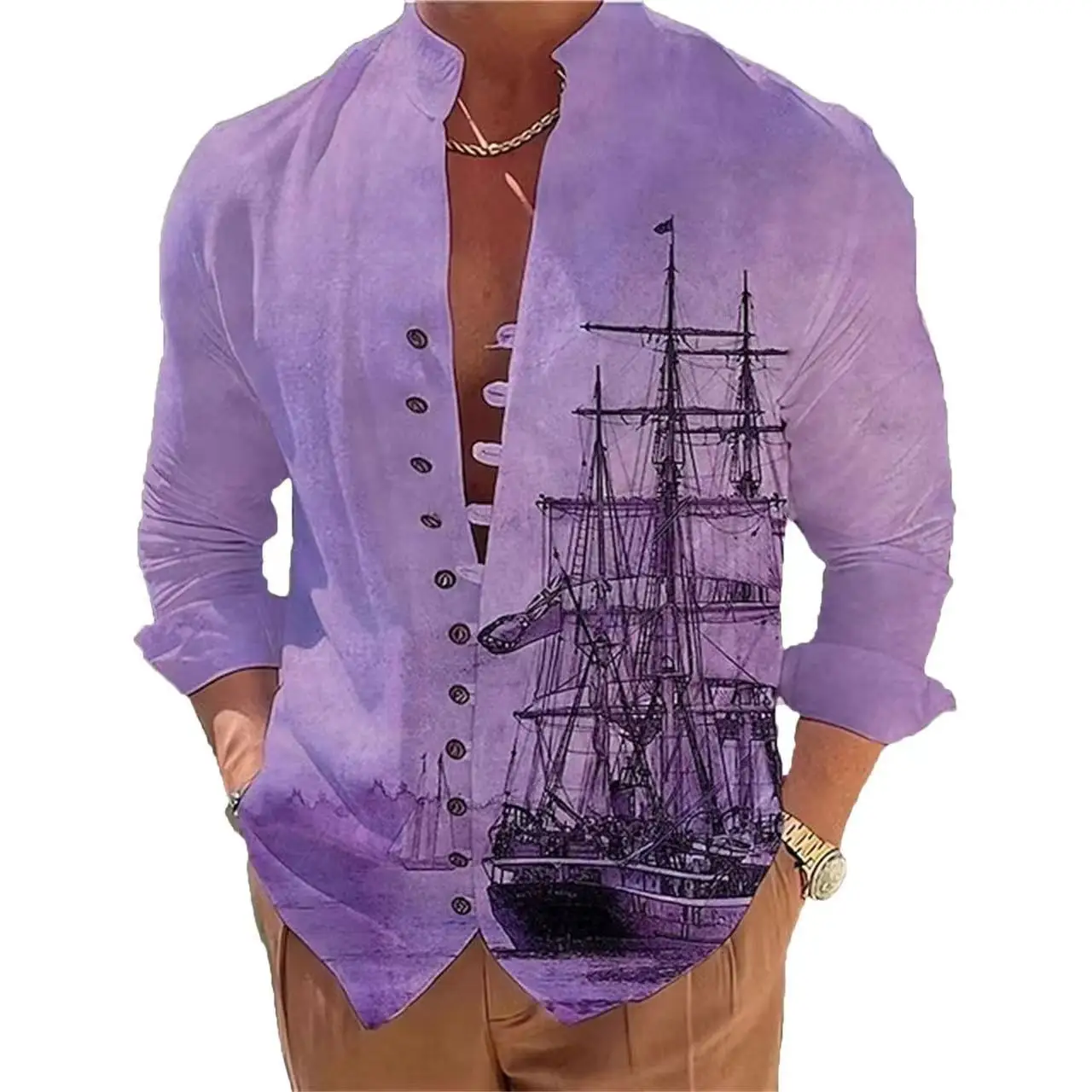 Spring Summer Sailboat Printin Hot Sale Men's Long-Sleeved Shirts Solid Color Stand-Up Collar  Casual Style Muslim Men Clothing