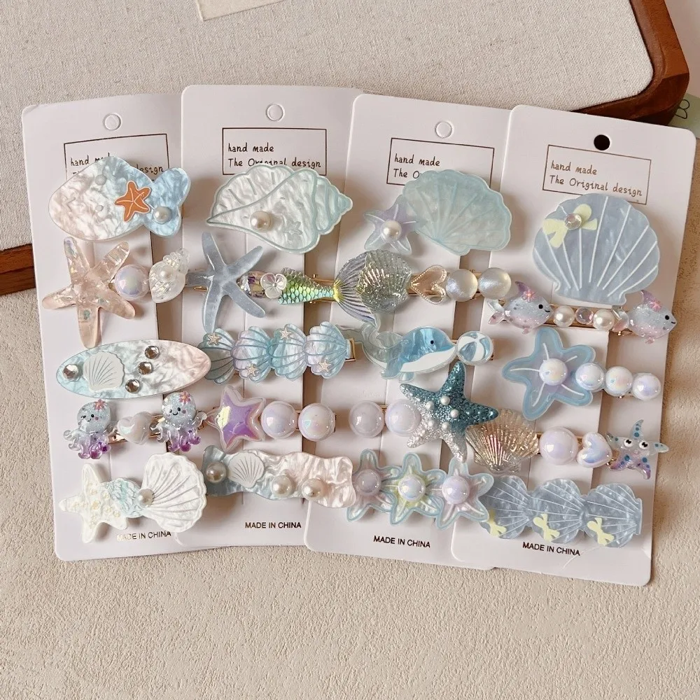 5Pcs/Set Sweet Ocean Series Shell Starfish Hair Clips Set Pink Conch Mermaid Hairpins Side Clip Pearl Barrette Girls