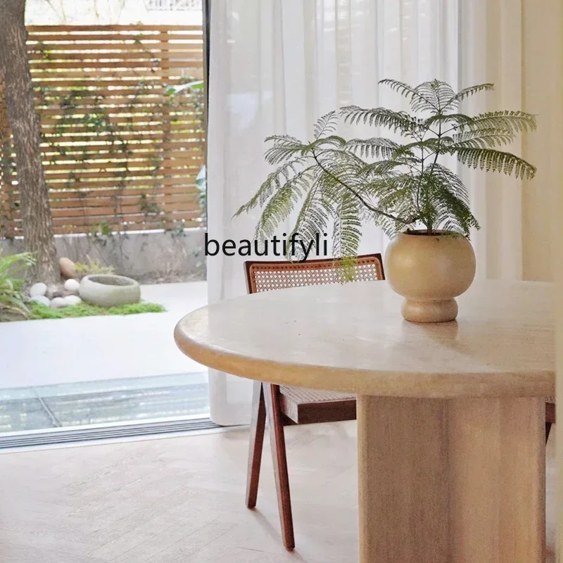 z183 YH Wabi Sansan natural travertine round dining table designer small apartment Nordic marble large round table