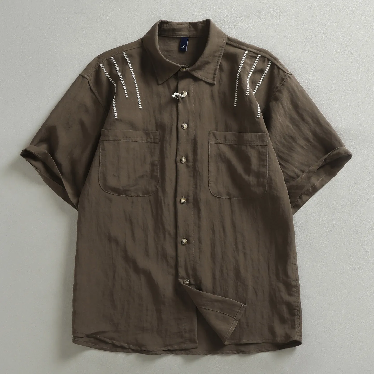 Vintage Shoulder Stitch Embroidery Short Sleeve Shirt Men Amekaji Double Pocket Lapel Button Down Casual Cotton Work Shirts