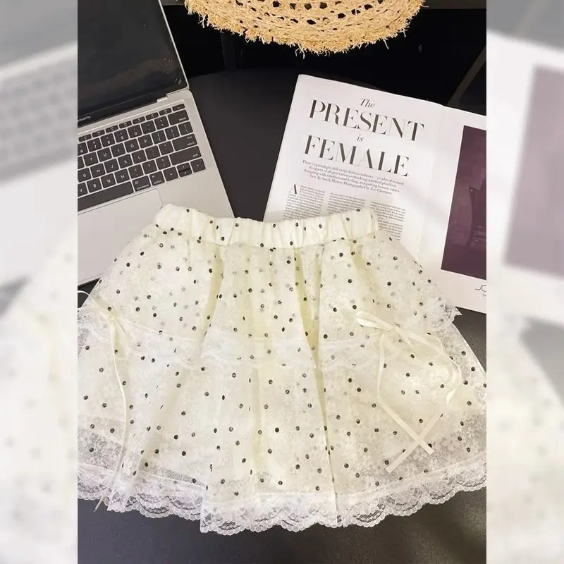 Summer 2025 New Retro Polka Dot Lace Belted Half Skirt Pure Desire Style Top Bottom Set Korean Style High Waist Cake Skirt