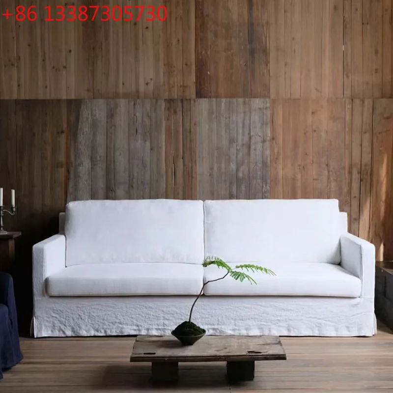 Wabi-sabi style washed linen fabric double three-person sofa fully dismantled and washed B & B retro furniture