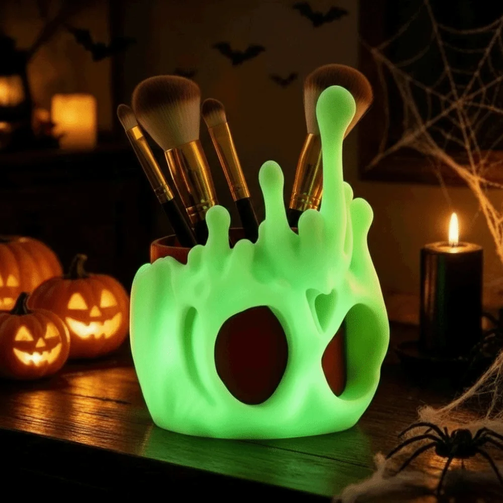 PLA Skull Pen Holder Plastic Luminous Glow in Dark Stationery Washable Green 3D Printed Pencil Pot Holiday Party Supply