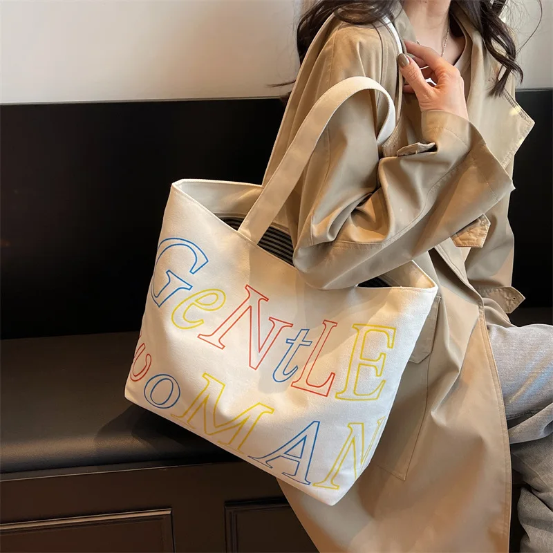 Colored Letter Handbag Tote Canvas Bag 2024 New in Fashion Leisure Student Makeup ita Bag Single Shoulder crossbody Underarm Bag