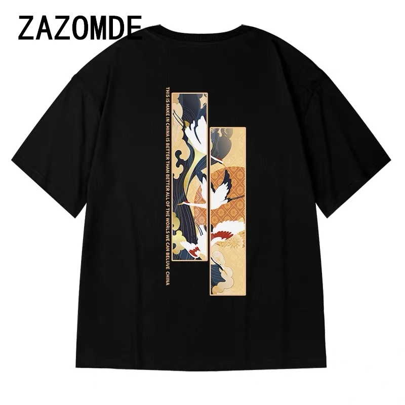 ZAZOMDE Retro T-Shirts For Men Crane Print Trendy Tees Men\'s Clothing Street Harajuku Tees Loose Short Sleeve Daily Casual Tops