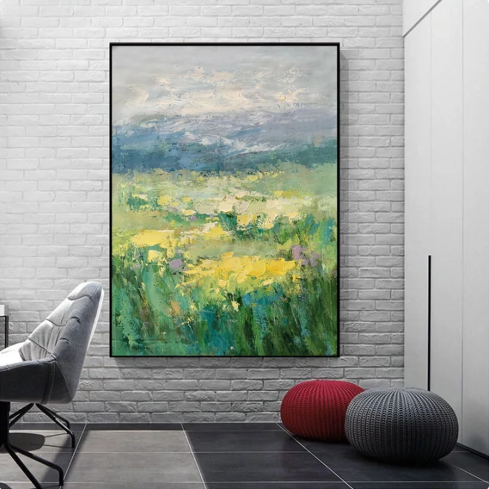 

Hand Painted Abstract Natural Scenery Painting Yellow Flowers Wildflower Oil Painting Wall Art for Living Room Wall Decoration