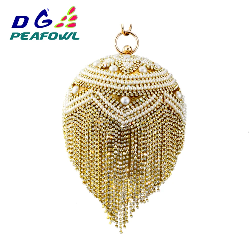 

GD PeafowlBall Diamond Tassel Women Party Metal Crystal Clutches Evening Wedding Bag Bridal Shoulder Handbag Wristlets Clutch