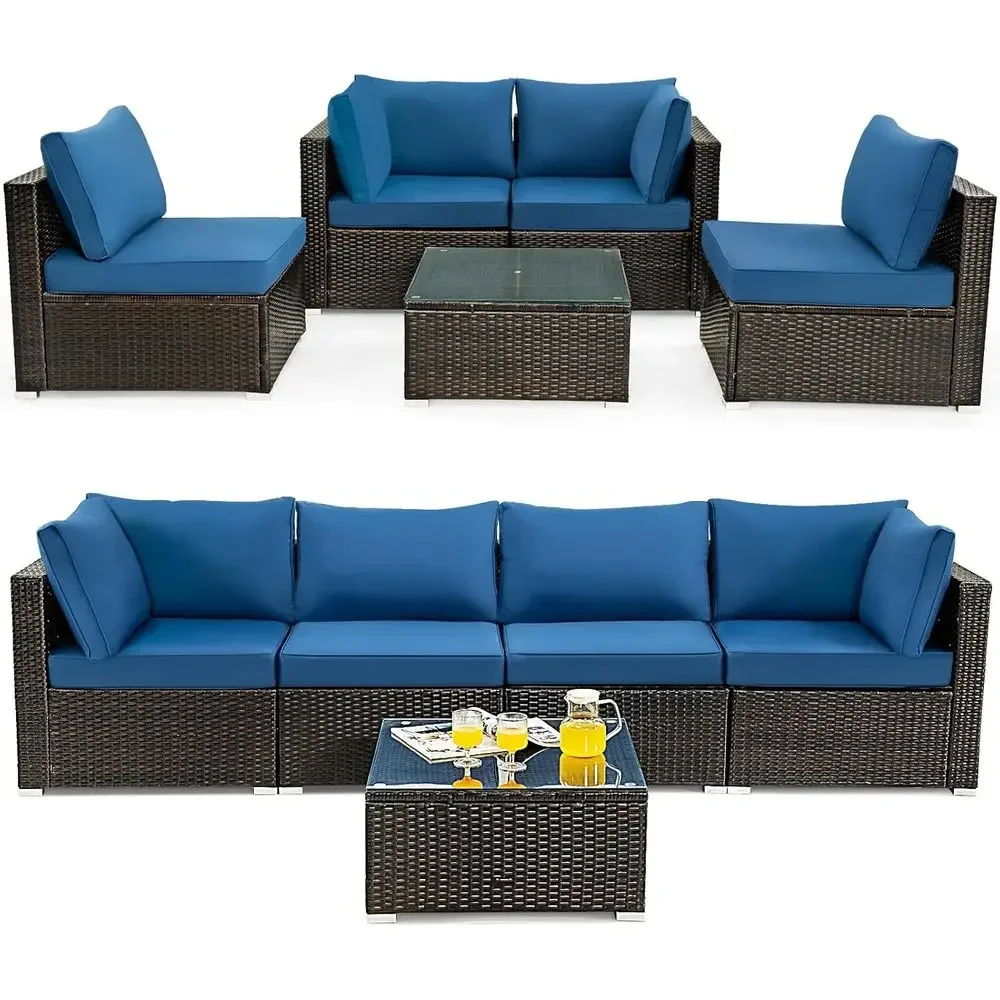 

Navy Blue Outdoor L-Shaped Rattan Sofa Set with Cushions and Coffee Table for Patio, Garden, and Poolside