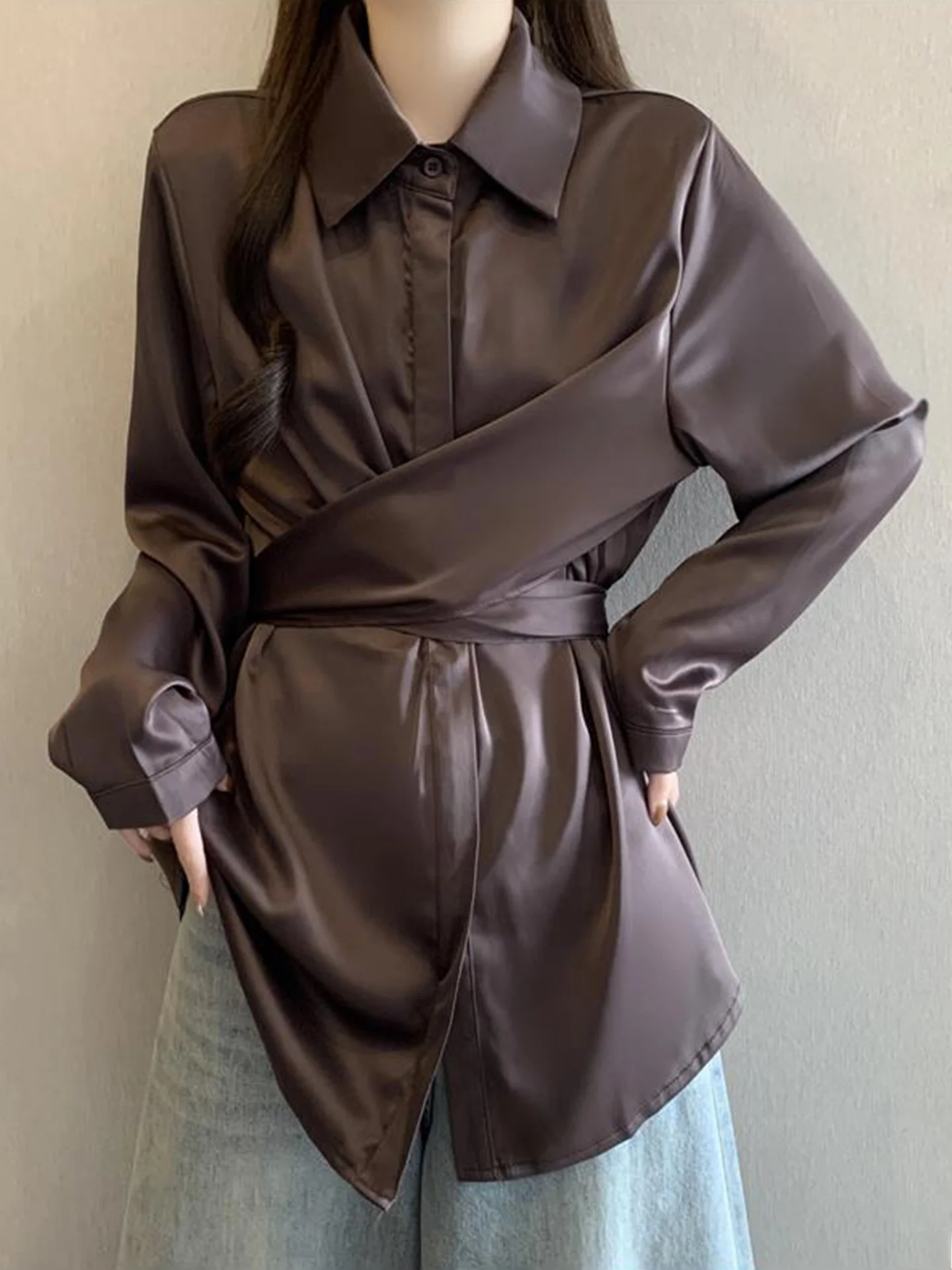 

Ele Long Sve Acetate Satin irt Women's plus Size Slimming Waistcoat Mid-Length Top Korean Sle Commute Faion