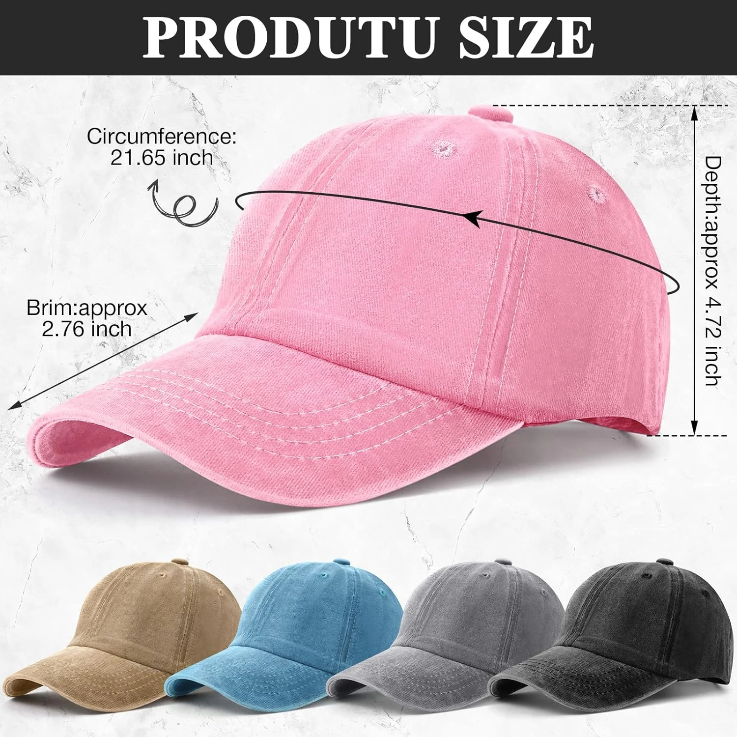 

Cozy, stylish and comfortable vintage distressed washed cotton twill dad hats for men and women in assorted colors. Set of 5. Pe