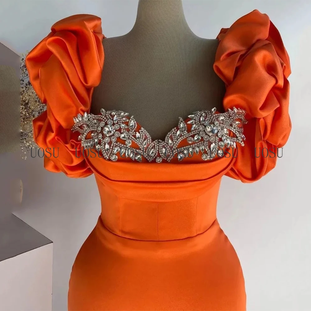 2024 Prom Dress Mermaid Puff Sleeves abiti da festa formali da donna Long Sweetheart Luxury Crystal Orange Satin abiti da sera