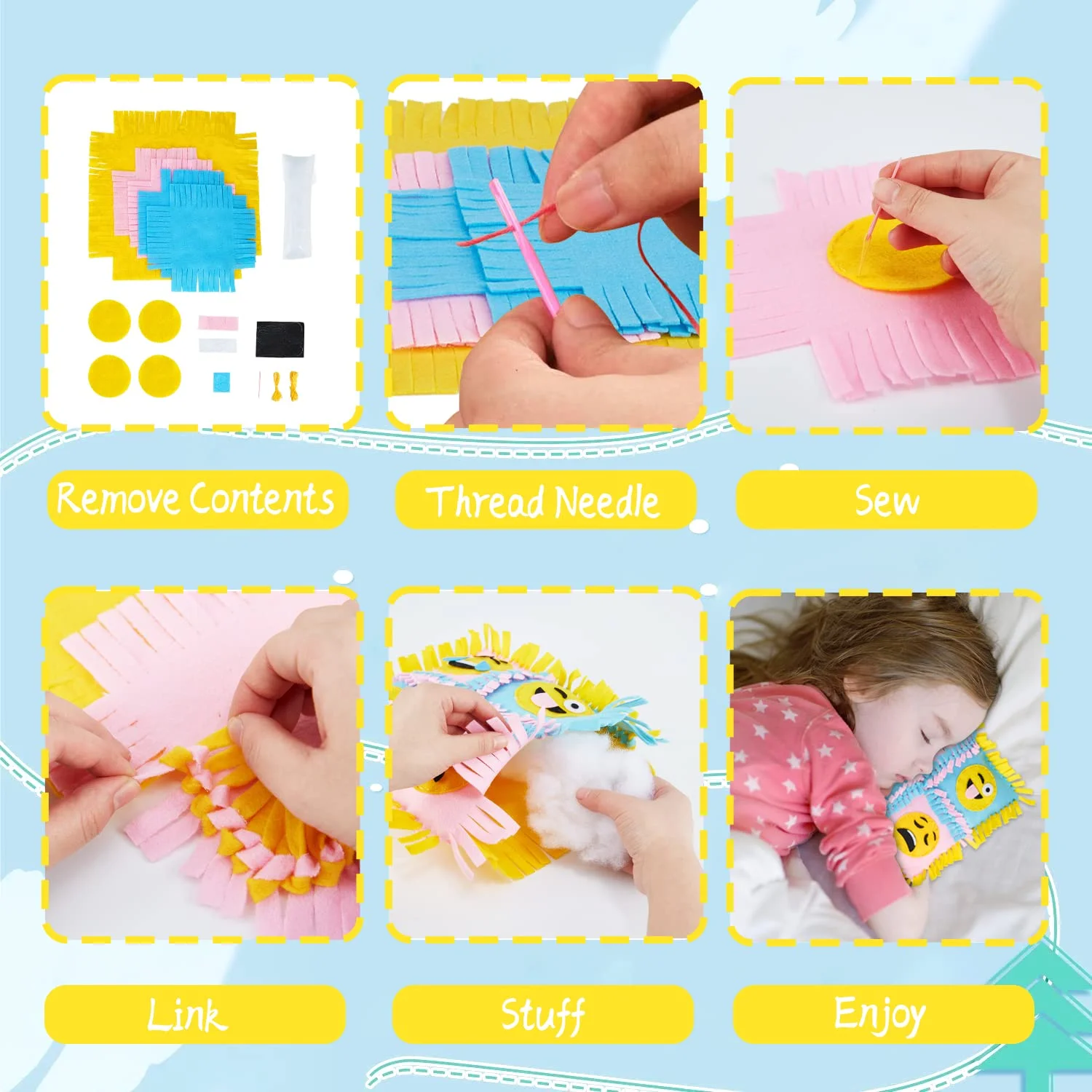 Knotted Pillow DIY Sewing Fabrics Crafts Felt Supplies Kits Sets Gifts for Kids for Adults for Boy Teenager for Girls