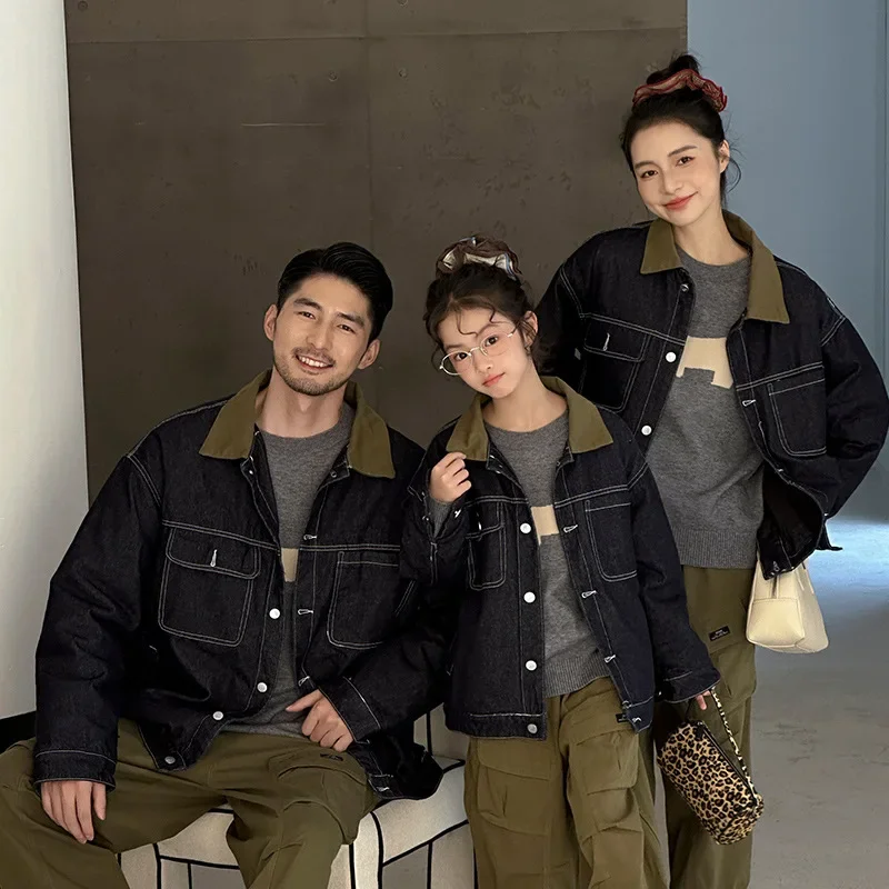 Winter Vintage Family Denim Jacket Cotton-Lined Collar Coat for Parents & Kids Set Korean Warm Outerwear Unisex Matching Outfit