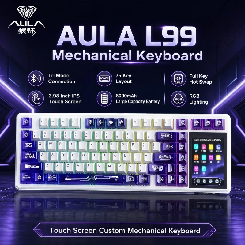 AULA L99 Intelligent Screen Mechanical Keyboard Wireless 3-mode RGB Gaming Keyboard Hot Swap 8000mAh Battery For PC Laptop Gamer