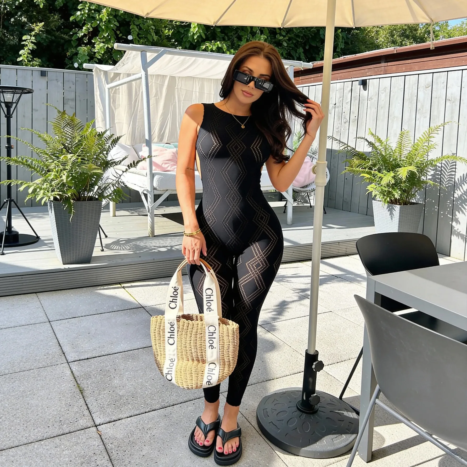 Hollow Out Backless Nylon High Waisted Seamless Slim Knit Jumpsuit Tight Fitting Long Sleeves Body Shaping