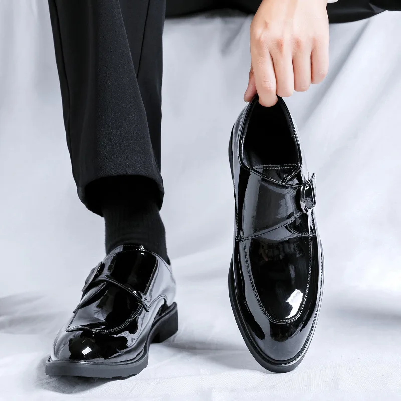 men casual wedding party patent leather shoes point toe buckle monk shoe black stylish breathable loafers designer footwear mans