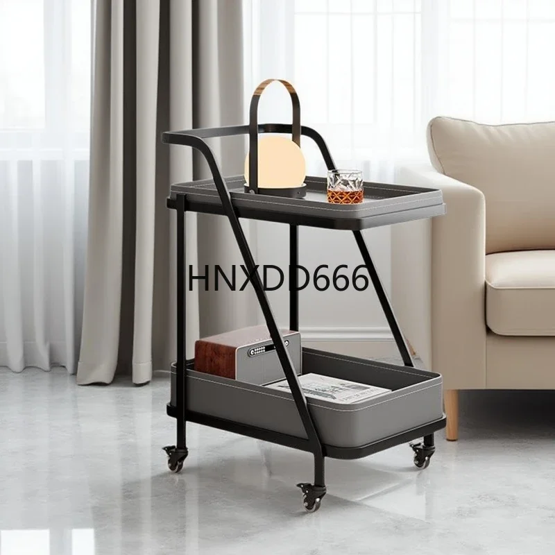 Movable side few storage trolley living room small square table saddle leather corner few
