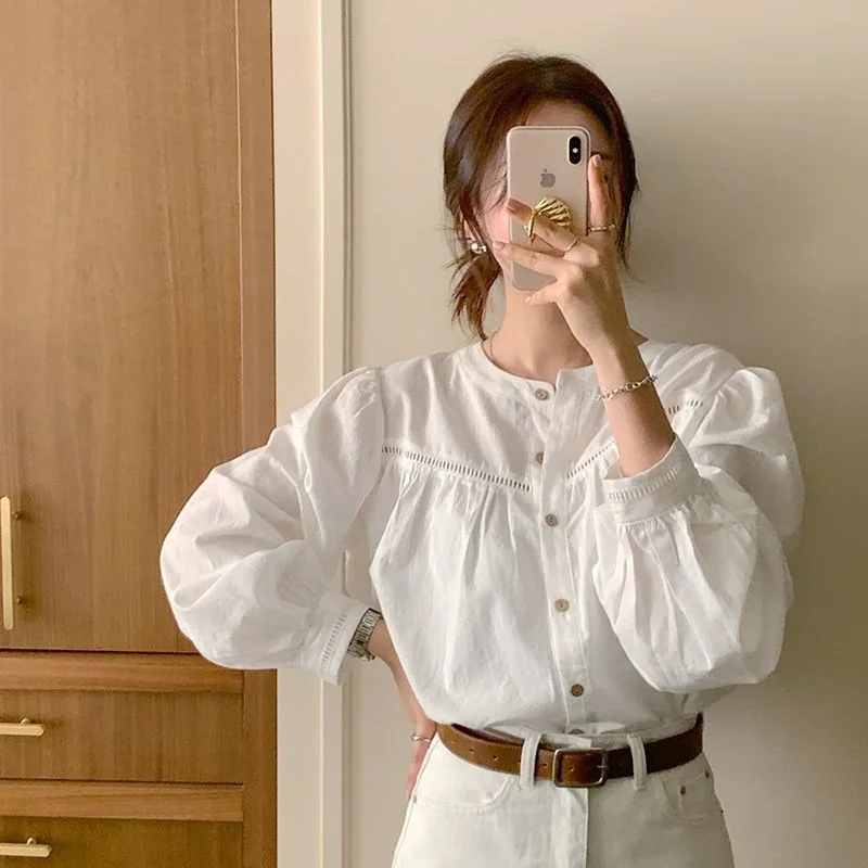 French Vintage Stand Collar Casual Loose round Neck White Shirt Women's Top Korean Style Comfortable Breathable Autumn New Ar...