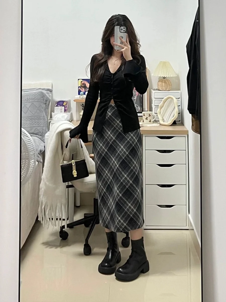 Autumn Winter Plaid Sweater High Waist Woolen Straight Leg Long Skirt Women's plus Size Retro f Body Skirt A-Line Midi Skirt