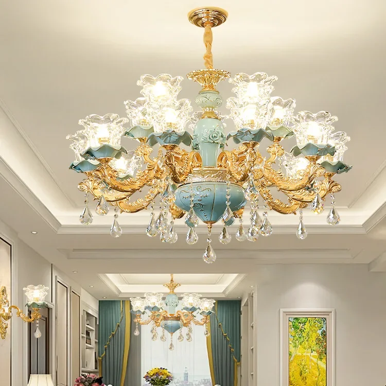 

European-Style Ceramic Retro Atmospheric Chandelier For Living Room Bedroom Model Room Villa Duplex Floor Chandelier