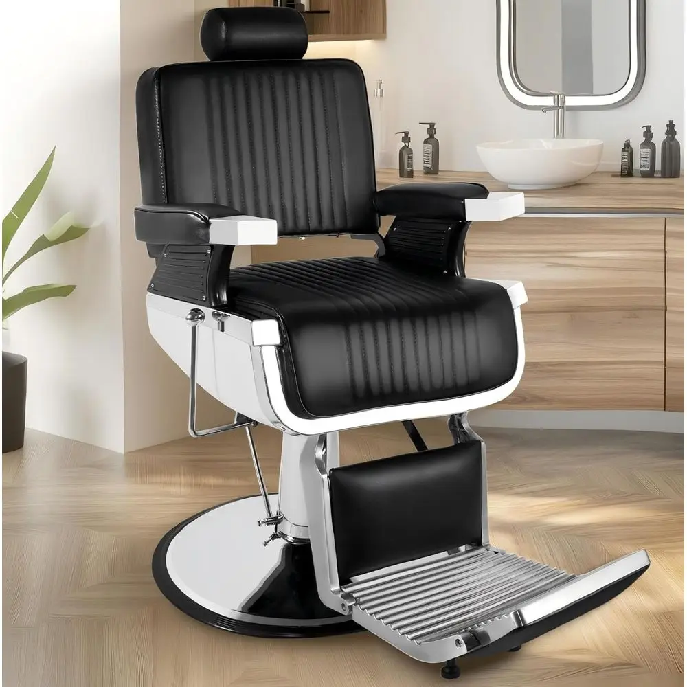 

Heavy-Duty Black Reclining Barber Chair with Footrest, 360° Swivel, Adjustable for Salon and Spa