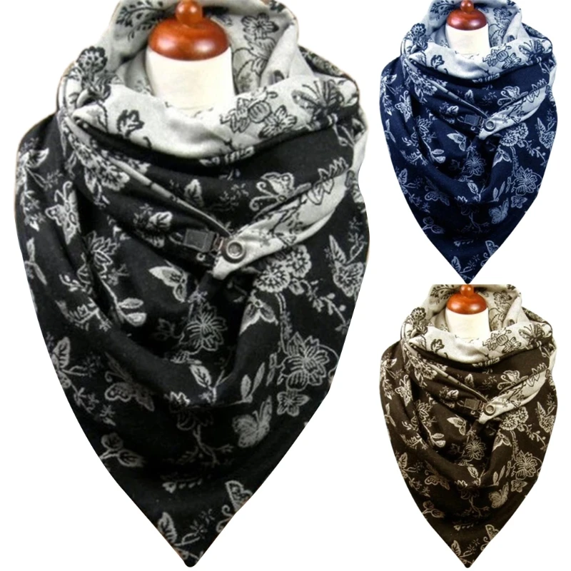 Women Men Thicken Warm for TRIANGLE Scarf with Buckle Clip for butterfly Floral Print Neck Warmer Snood Winter Cold Weather Wrap