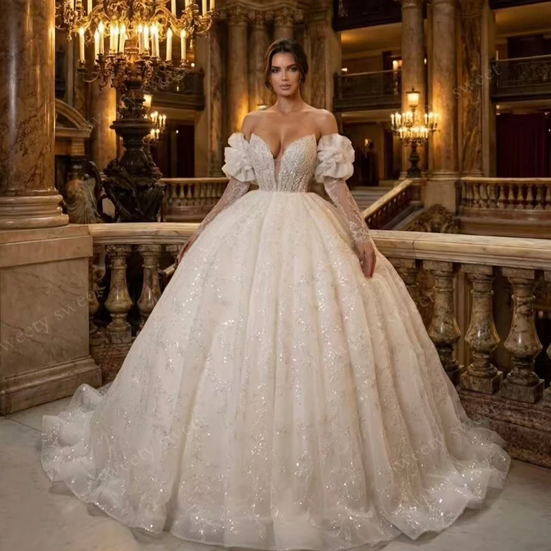 

Shiny Wedding Dress Fully Beading Princess Ball Gown Detachable Puff Sleeves Strapless Customized Bride Dress Vestido De Novia