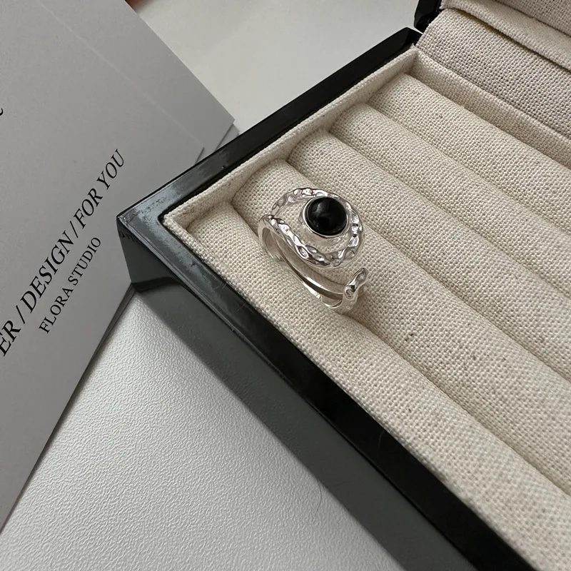 

S925 Sterling Silver Korean Version of Niche Design 18K Agate Texture Ring Trendy South Korea Fashion for Engagement Gift Party