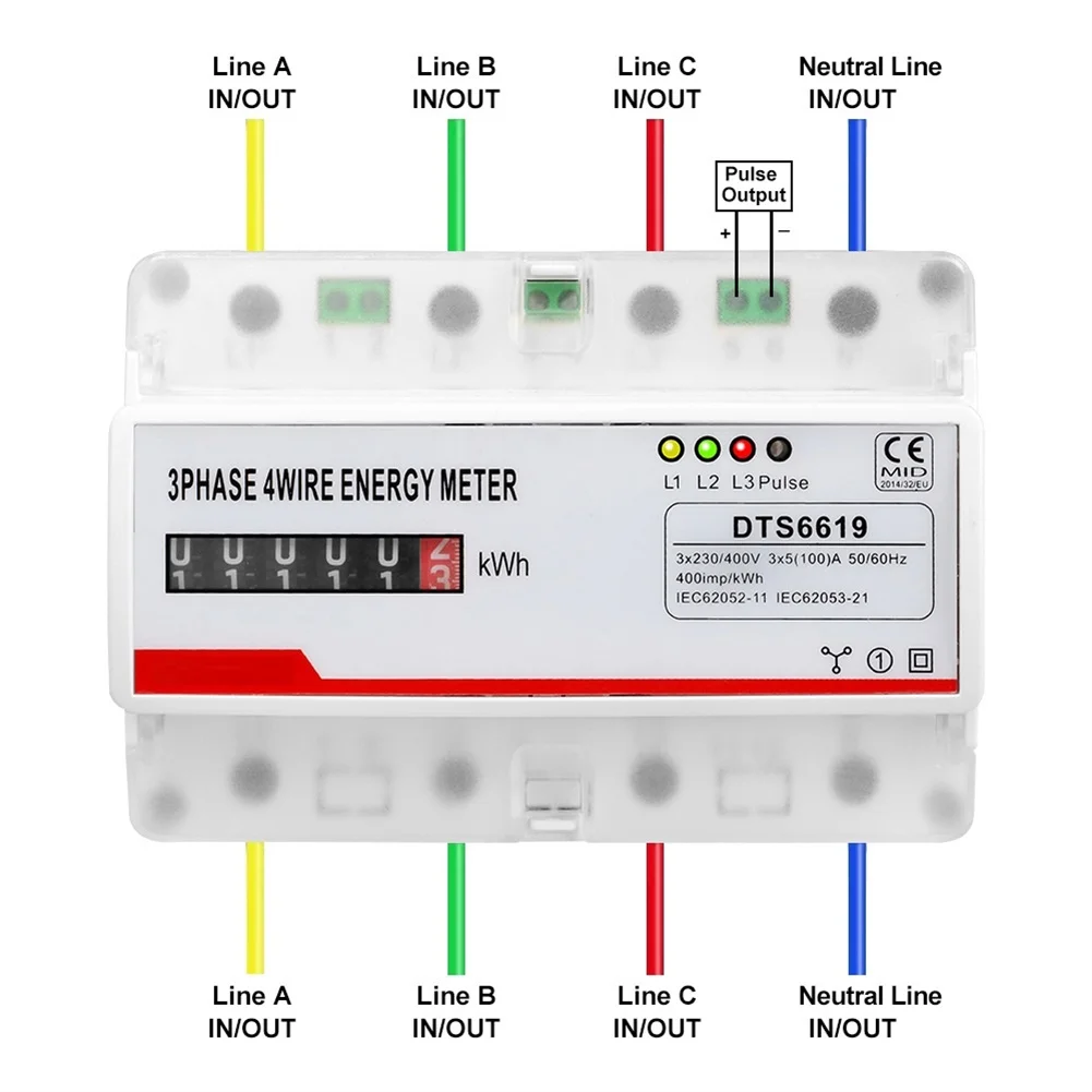 Electricity Meter KWH Counter 12.6*7.8*9.1cm 3 Phase Measurement Class 1 Accuracy Electricity Meter LCD Display
