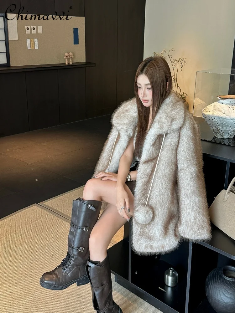 الراقية تقليد الثعلب الفراء ساحة طوق منتصف طول معطف الفرو شتاء موضة جديدة طويلة الأكمام فضفاضة الدافئة أنيقة الفراء سترة النساء