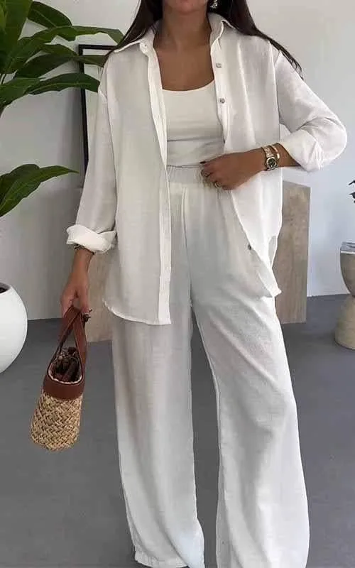 2026 Autumn Solid Color Commute Two Piece Set Women Long Sleeve Shirt & Wide Leg Pants Outfit Chic Sexy Lapel Button Casual Suit
