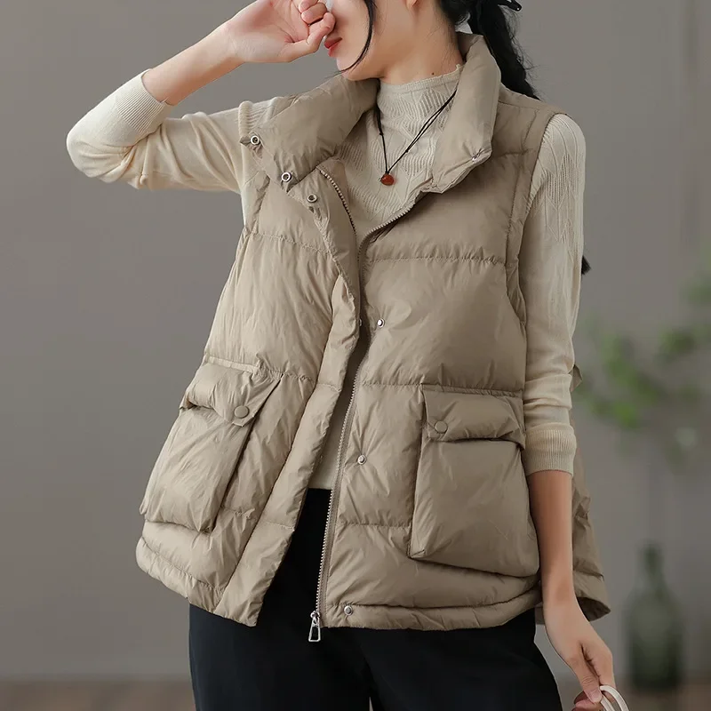 Women Down Jacket Sleeveless Cardigan Vest White Duck Down Warm Puffer Jacket Chic Design Zipper Pockets Luxury Autumn Winter