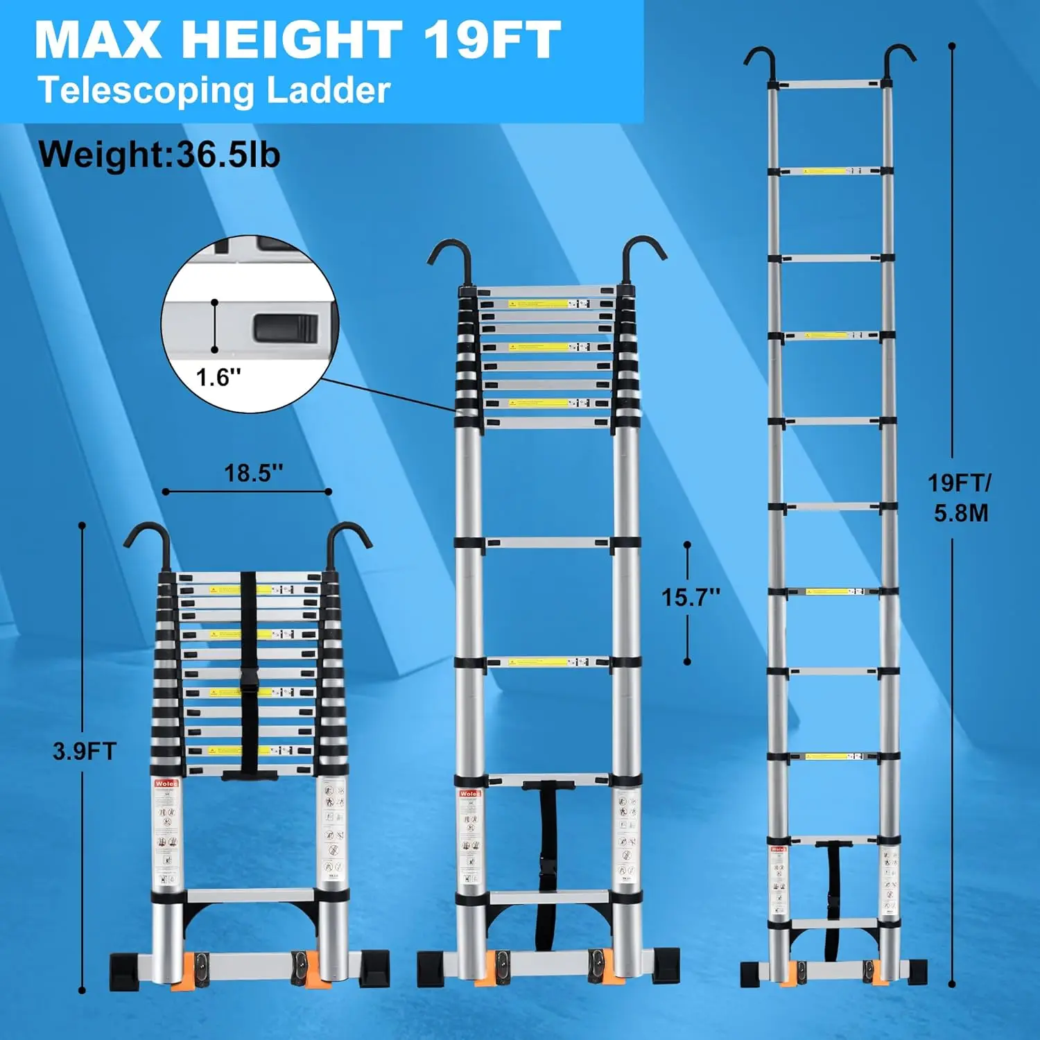 Imagem -04 - Escada Telescópica Wolec-com Ganchos Destacáveis Escadas Telescópicas Reforçadas Anti-pinch Estabilizadores Triangulares Porta 19 Pés