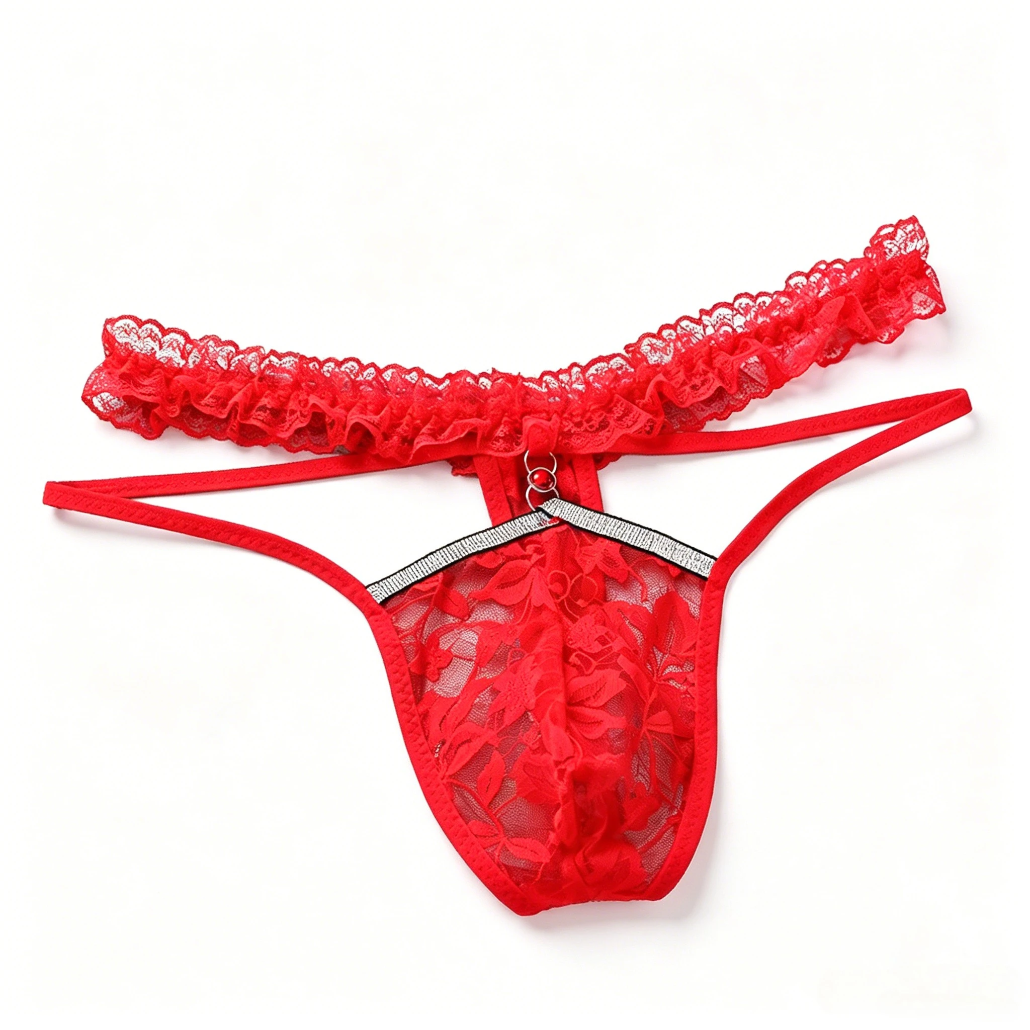 Men's Floral Lace Thong with Ruffled Waistband, U-Convex Pouch Erotic Underwear Sissy Erotic Hollow Out Crossdressing Knickers