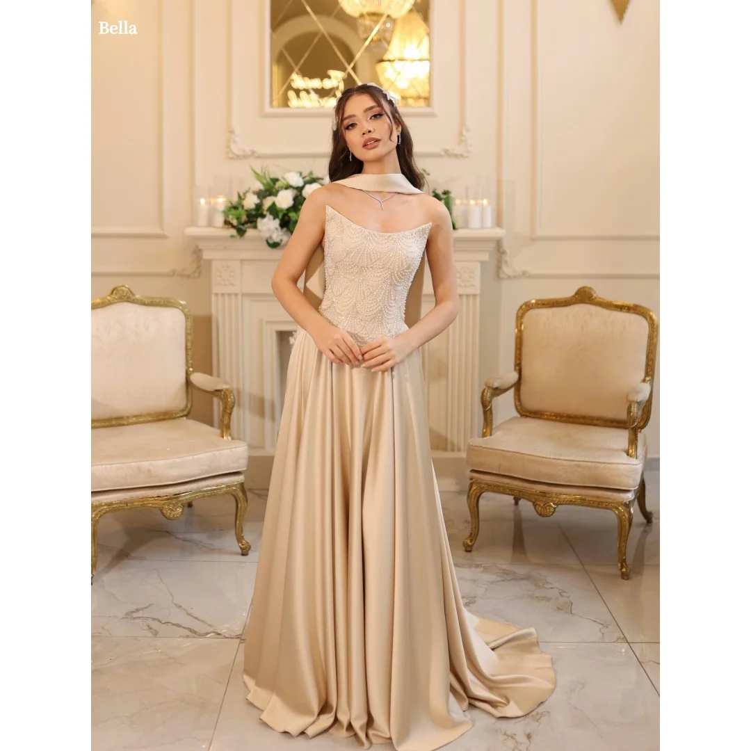 

Bella Customized Champagne Halter Neck Beaded robes de soirée Satin Floor-Length Party Dresses Elegant Prom Dress Formal Evening