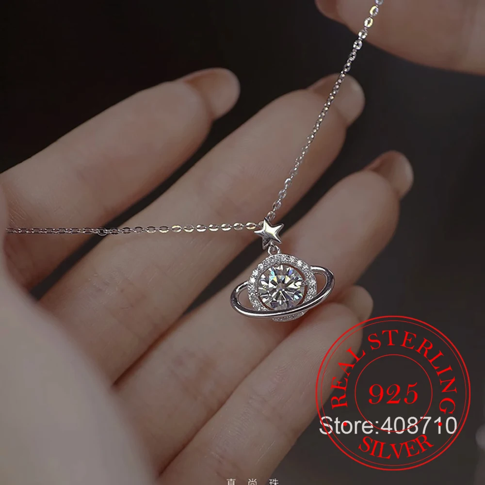 925 Sterling Silver Crystal Cosmic Planets Clavicle Chain Necklace Pendant For Women Wedding Jewelry Gift Collar New in Necklace