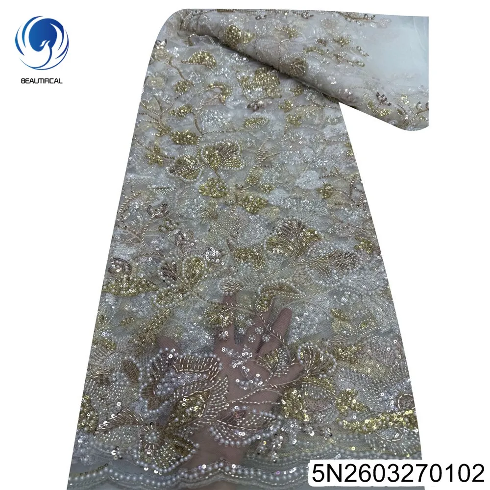 

2026 New High-end Beaded Embroidery, Elegant African Lace High-end Party Dress, Hand-embroidered Sequined Fabric 5N26032701