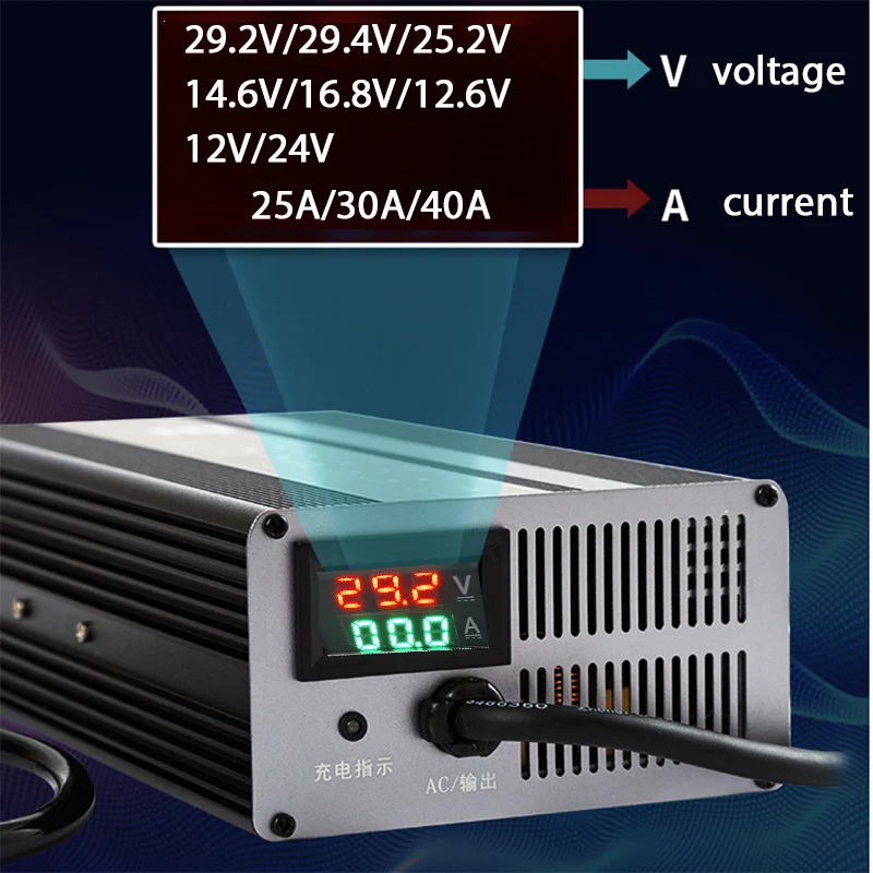 12 فولت 24 فولت شاحن بطارية ليثيوم 40A 30A 25A 14.6 فولت 29.2 فولت 12.6 فولت RV رافعة شوكية سيارة الغسيل ليثيوم أيون Lifepo4 حمض الرصاص تهمة 4S 8S 7S