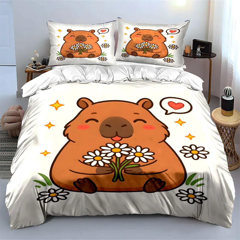 Capybara holding flowers, warm and cute Printed Duvet Cover Set 1 Duvet Cover+2 Pillowcase Multi Size Bedroom Bedding Decor
