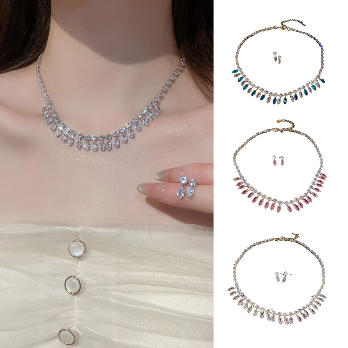 

Zircon Diamond-Shaped Tassel Necklace and Earring Set European & American Fashion Statement Collar Chain Luxury-Inspired Gift