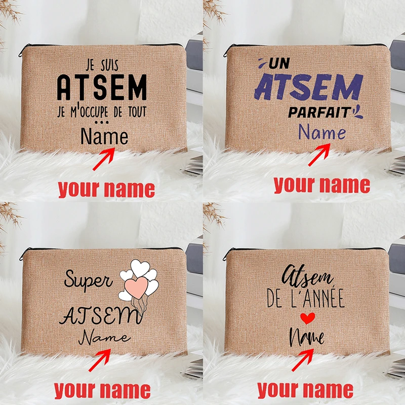 

Atsem DE L'ANNEE Custom Name Cosmetic Bag with Zipper Travel Storage Linen Toiletries Pouch Office Supplies Pen Case Wallet Gift