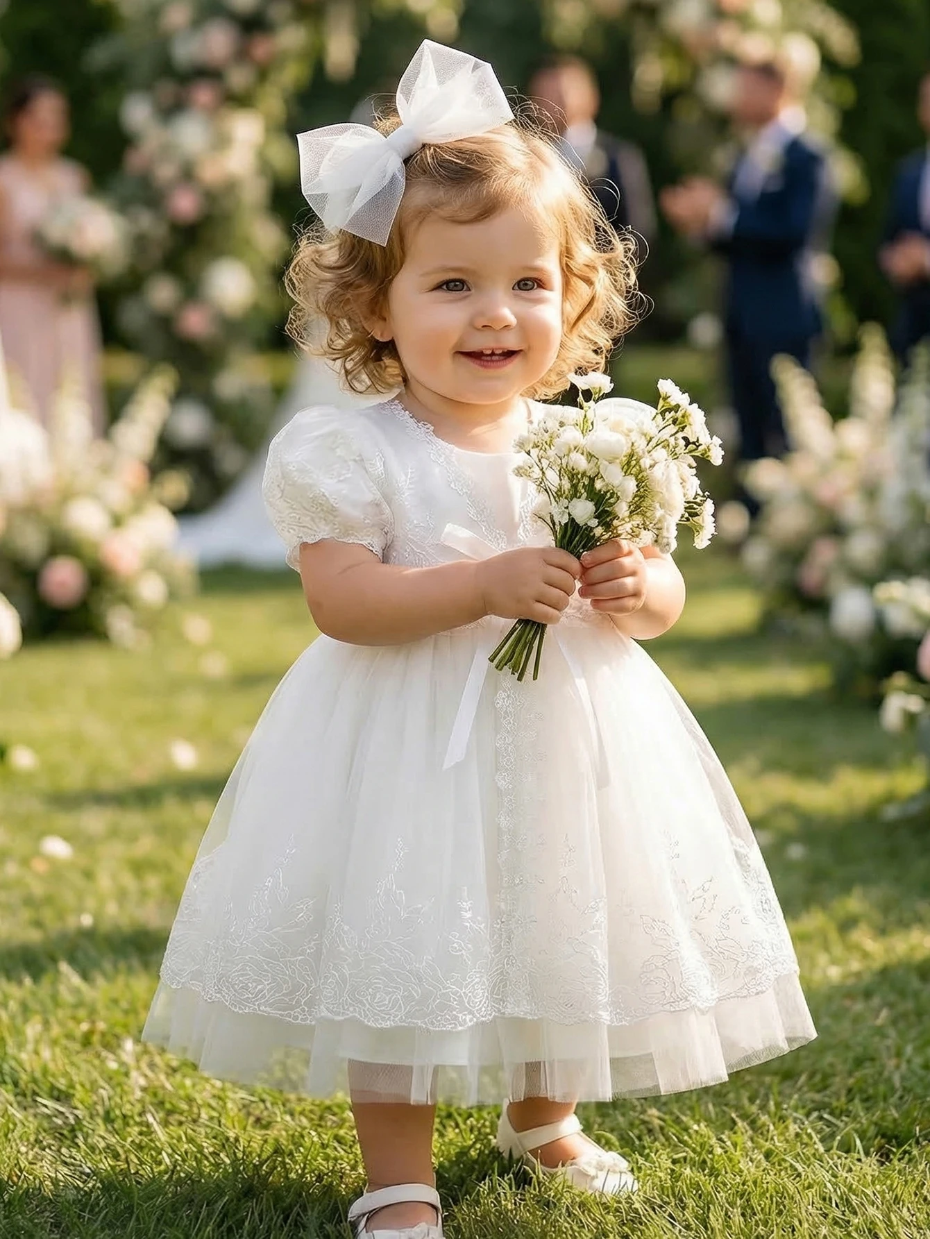 

Baby Girl Adorable Bubble Sleeve White Baptism Dress Set with High-end Embroidery Work Net Fabric.Birthday Party,Vacation Outing