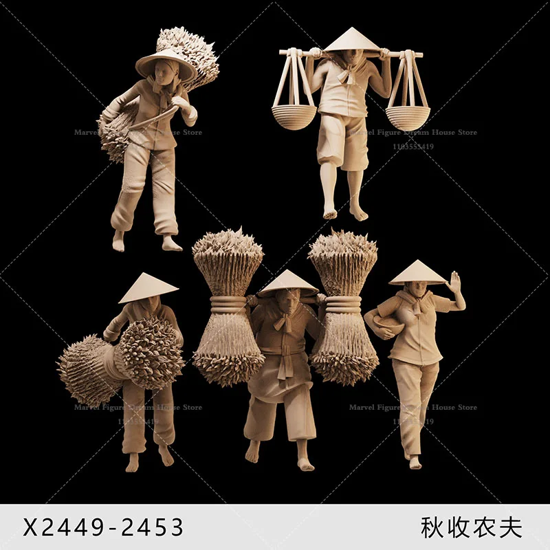 1/64 1/43 1/35 Scale Miniature Scene Dolls Un-panited White Figure Mini Model Peasant Woman Male Farmer Harvests Wheat In Autumn